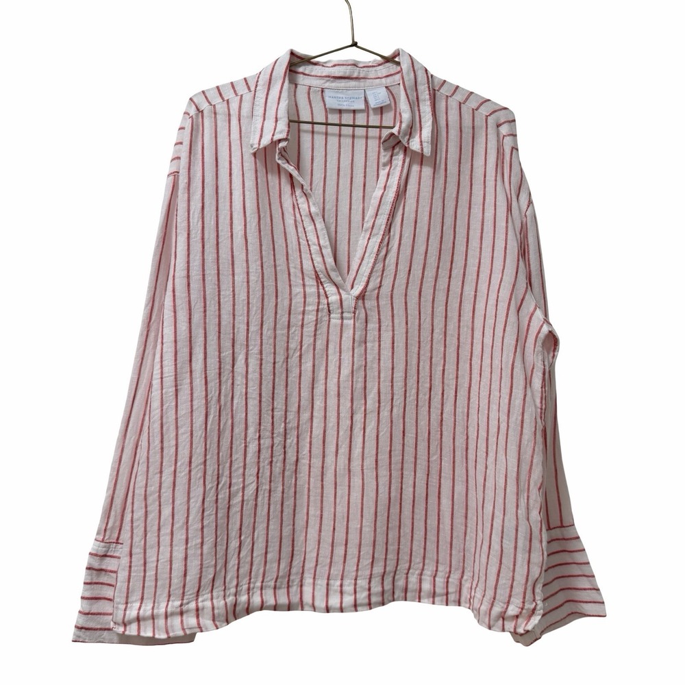 Martha Stewart Womens Linen Stripe Collared Popover Top Size L White Red Resort
